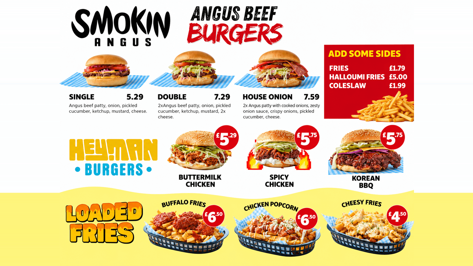 Heyman burgers menu board
