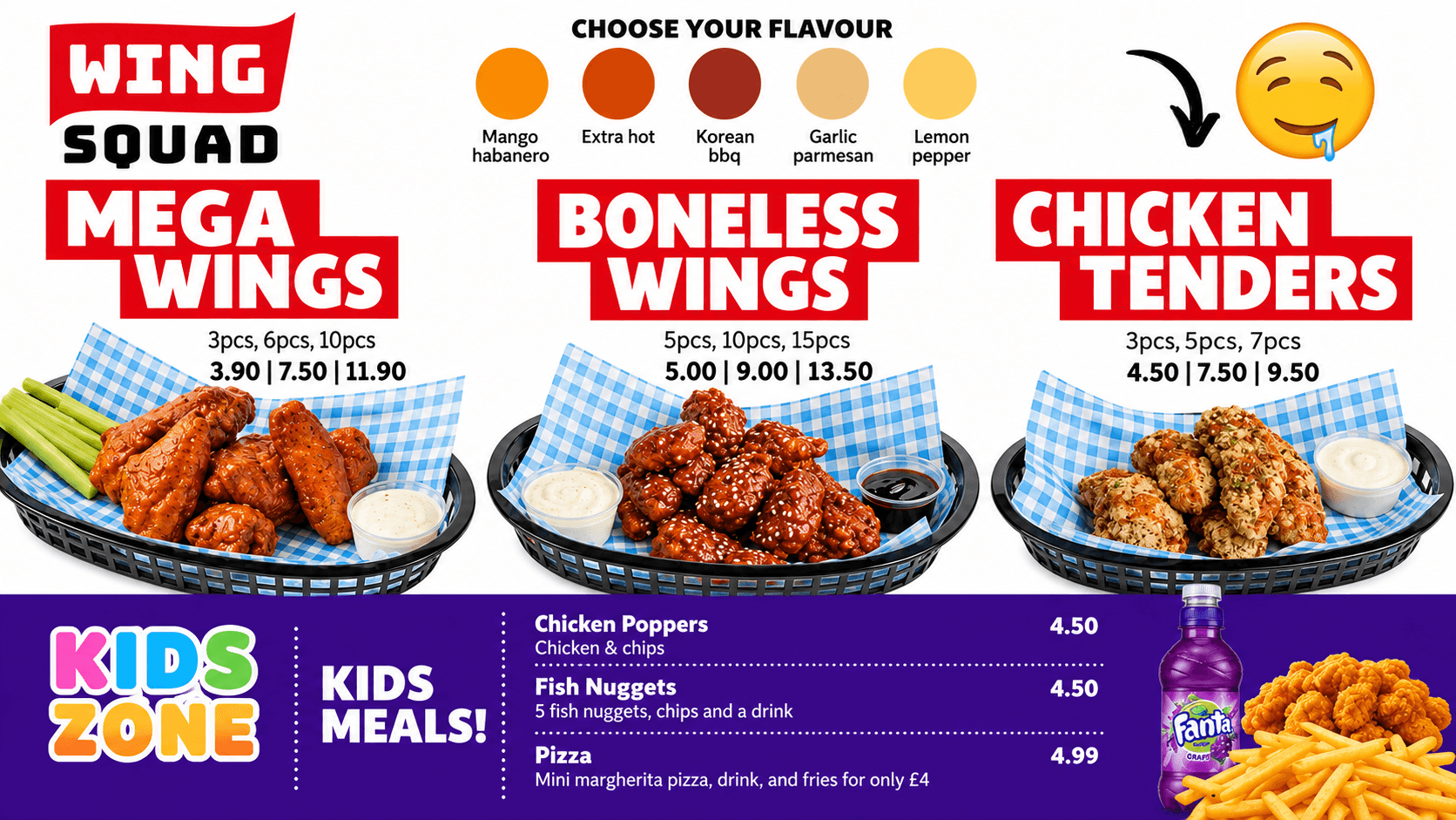 Wing Squad menu board