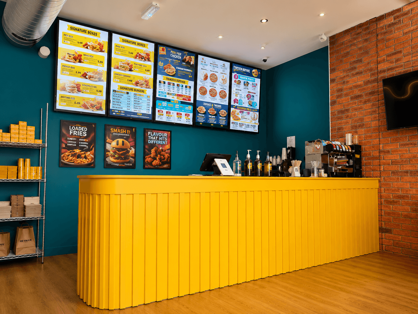 A takeaway counter with five GhostScreen menu boards above it
